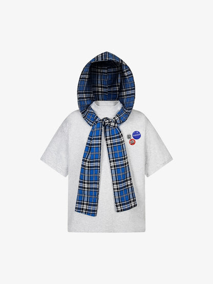 Detachable Badge Hooded Plaid Cape T-shirt