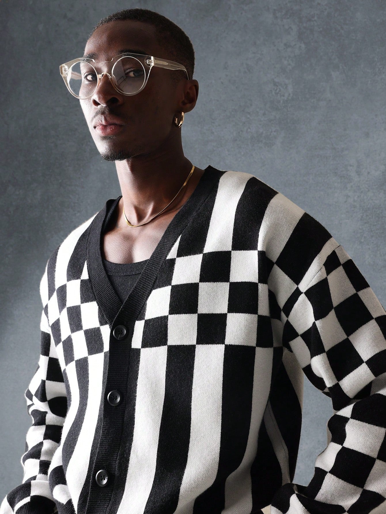 Suéter Cardigã de Tricô Intarsia Xadre