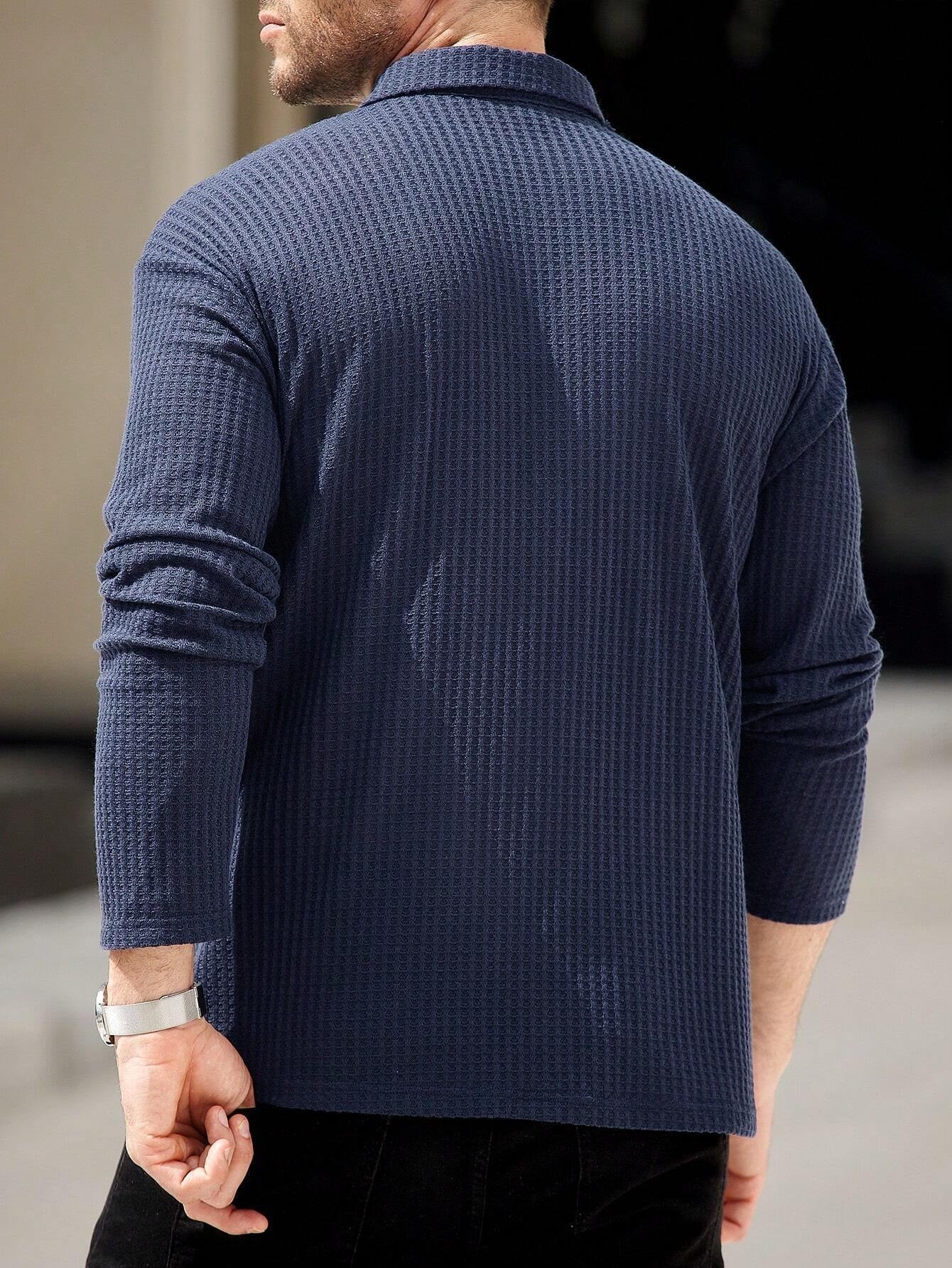 Camisa CasualCool Polo de Manga Longa com Textura de Waffle Azul Marinho