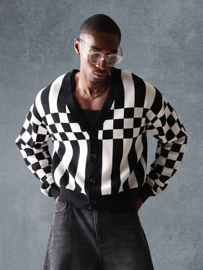 Suéter Cardigã de Tricô Intarsia Xadre