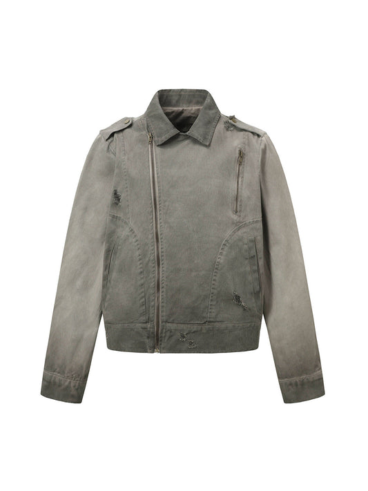 Jaqueta Distressed Irregular Zip Up Denim Jacket