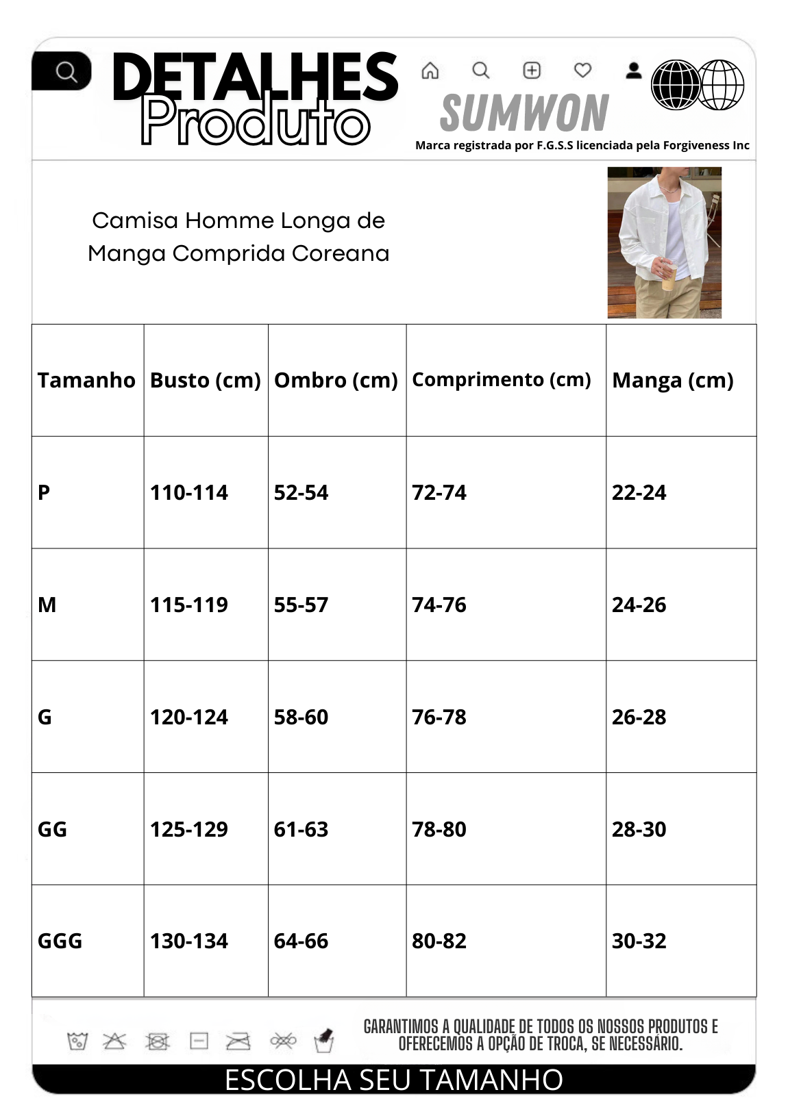 Camisa Homme Longa de Manga Comprida Coreana