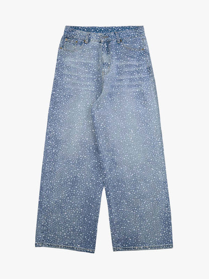 Calça Ink Splashed Hotfix Rhinestone Baggy Jeans