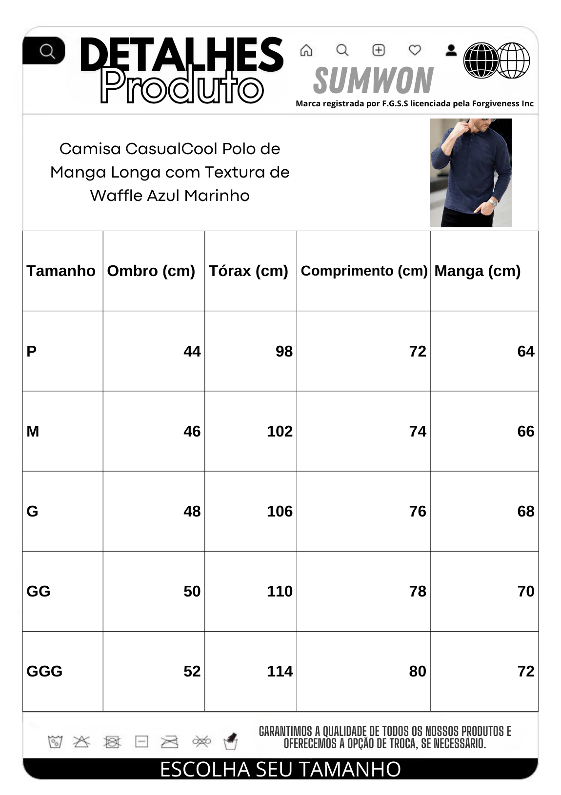 Camisa CasualCool Polo de Manga Longa com Textura de Waffle Azul Marinho