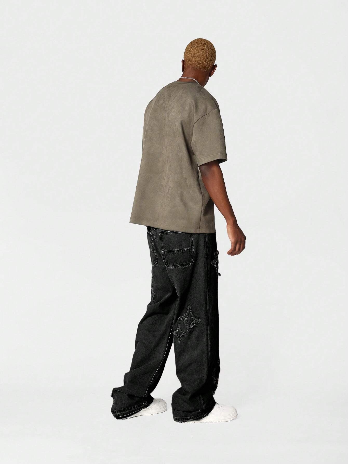 Calça Denim Solto com Aplicação Stars