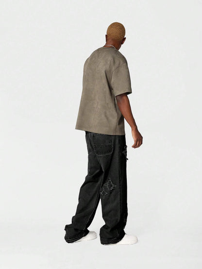 Calça Denim Solto com Aplicação Stars