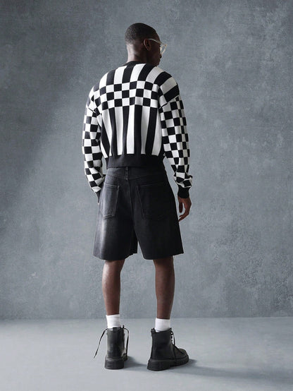 Suéter SMWN Cardigã de Tricô Intarsia Xadre