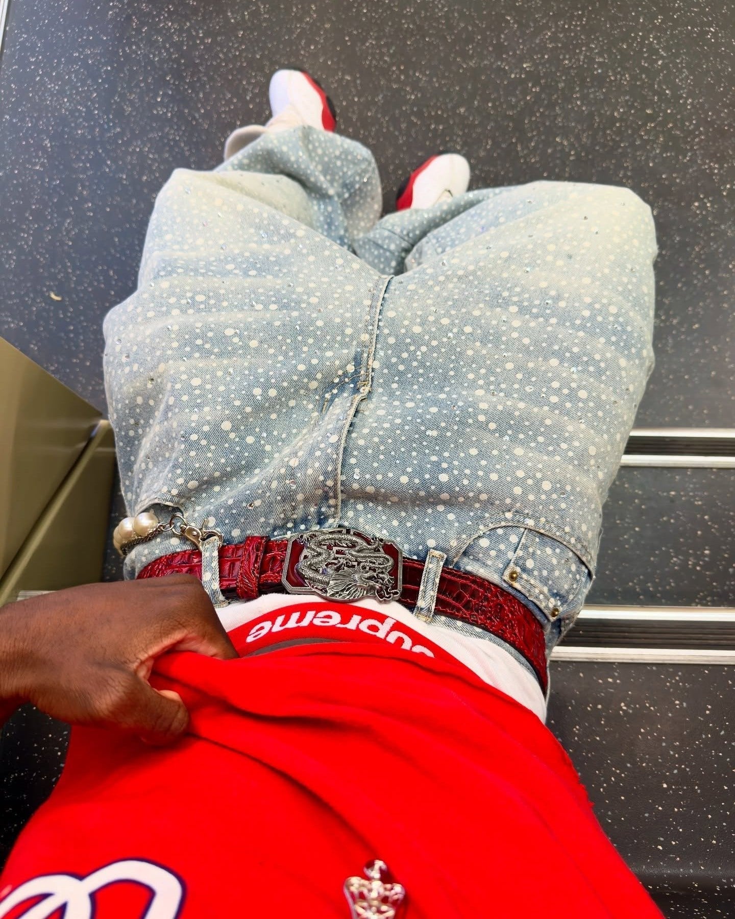 Calça Ink Splashed Hotfix Rhinestone Baggy Jeans