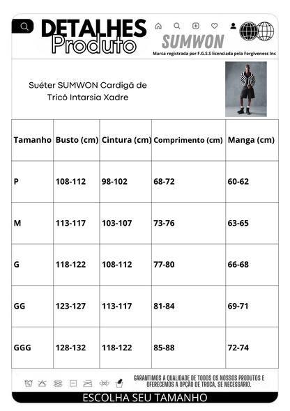 Suéter SMWN Cardigã de Tricô Intarsia Xadre