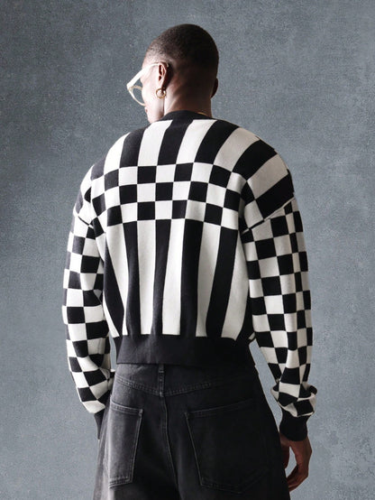 Suéter SMWN Cardigã de Tricô Intarsia Xadre
