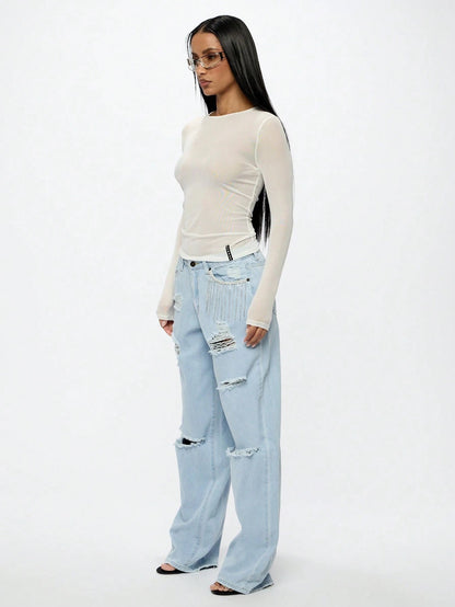 Camiseta Ajustada de Mangas Longas e Gola Redonda em Tela