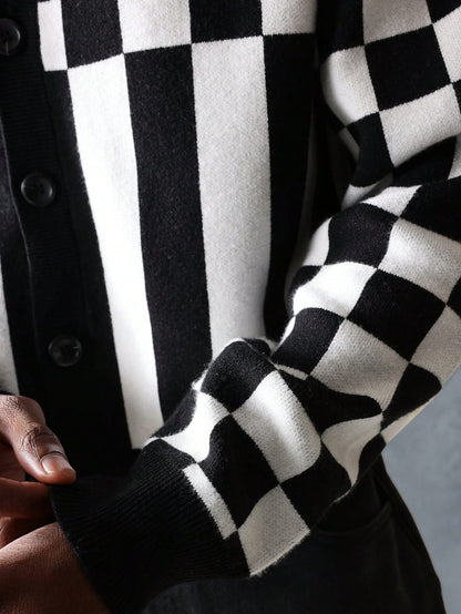 Suéter Cardigã de Tricô Intarsia Xadre