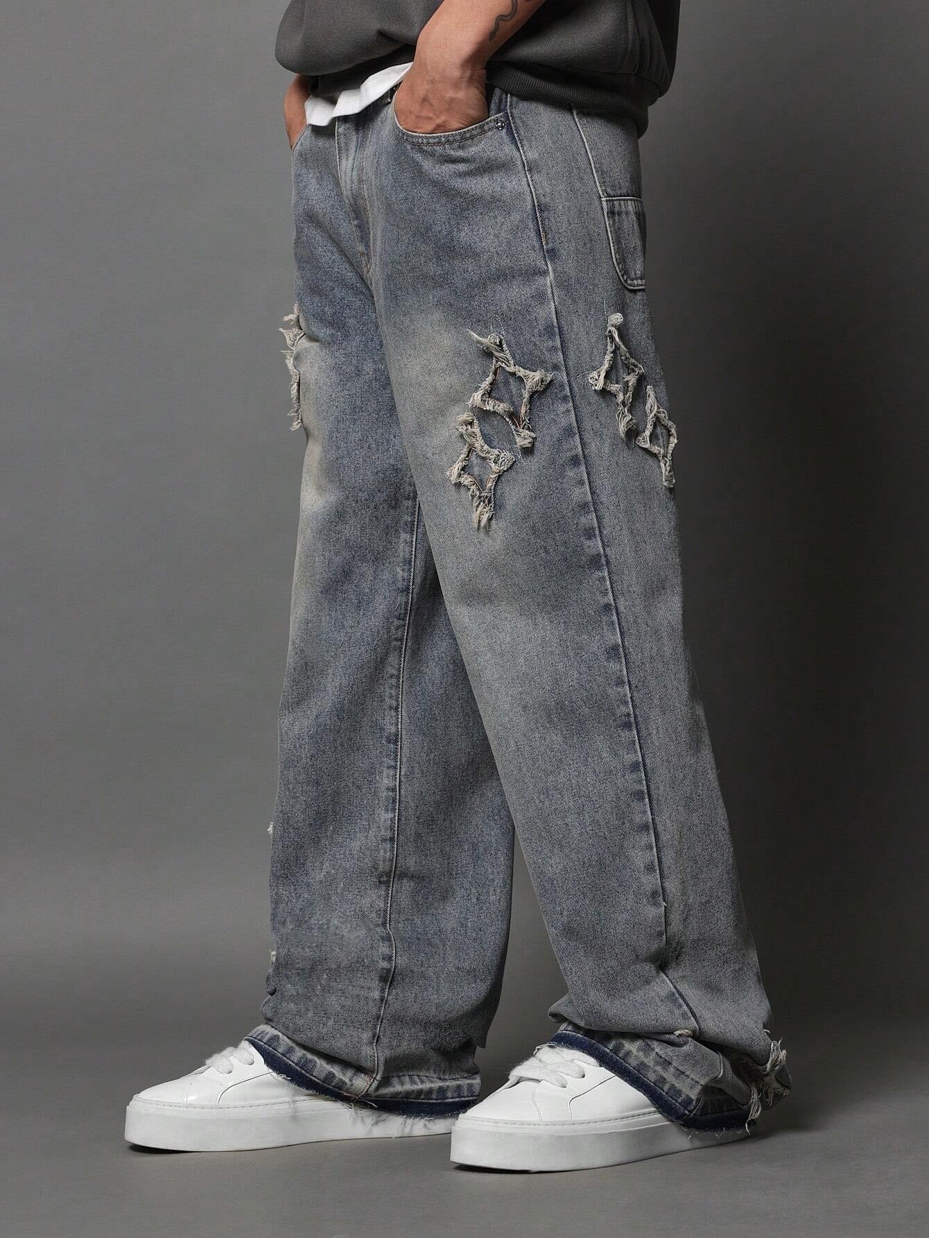 Calça Denim Solto com Aplicação Stars