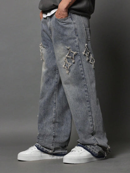 Calça Denim Solto com Aplicação Stars