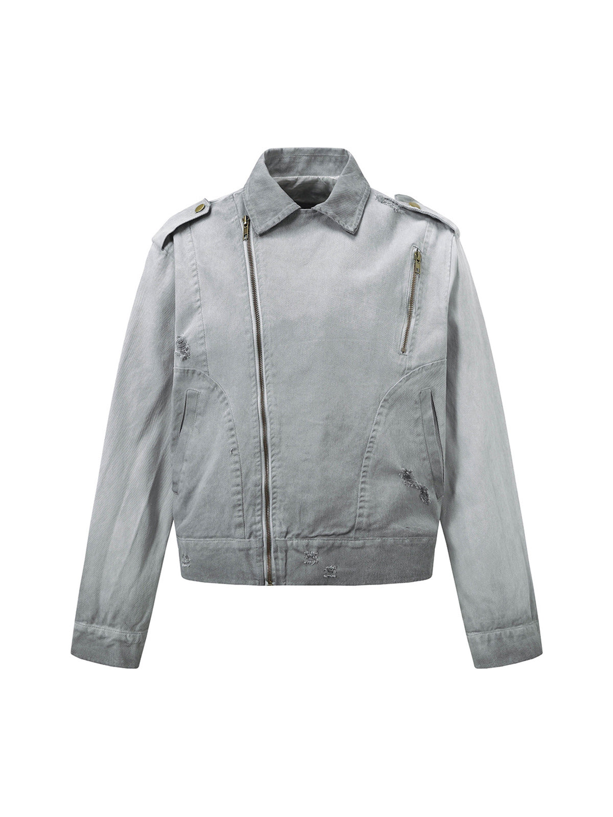 Jaqueta Distressed Irregular Zip Up Denim Jacket