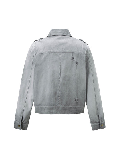 Jaqueta Distressed Irregular Zip Up Denim Jacket