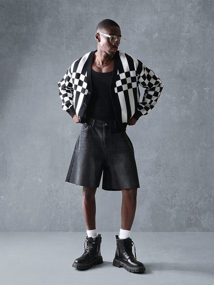 Suéter Cardigã de Tricô Intarsia Xadre