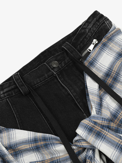 Faux Two-piece Plaid Detachable Scimitar Jeans - 2435