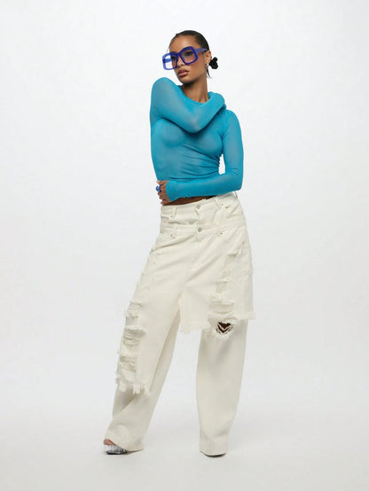 Camiseta Ajustada de Mangas Longas e Gola Redonda em Tela