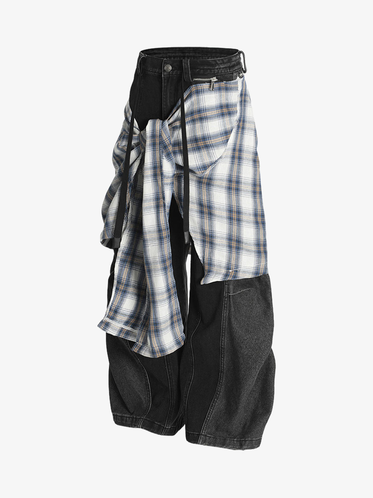 Faux Two-piece Plaid Detachable Scimitar Jeans - 2435