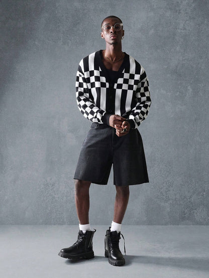 Suéter SMWN Cardigã de Tricô Intarsia Xadre