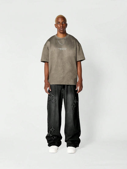 Calça Denim Solto com Aplicação Stars