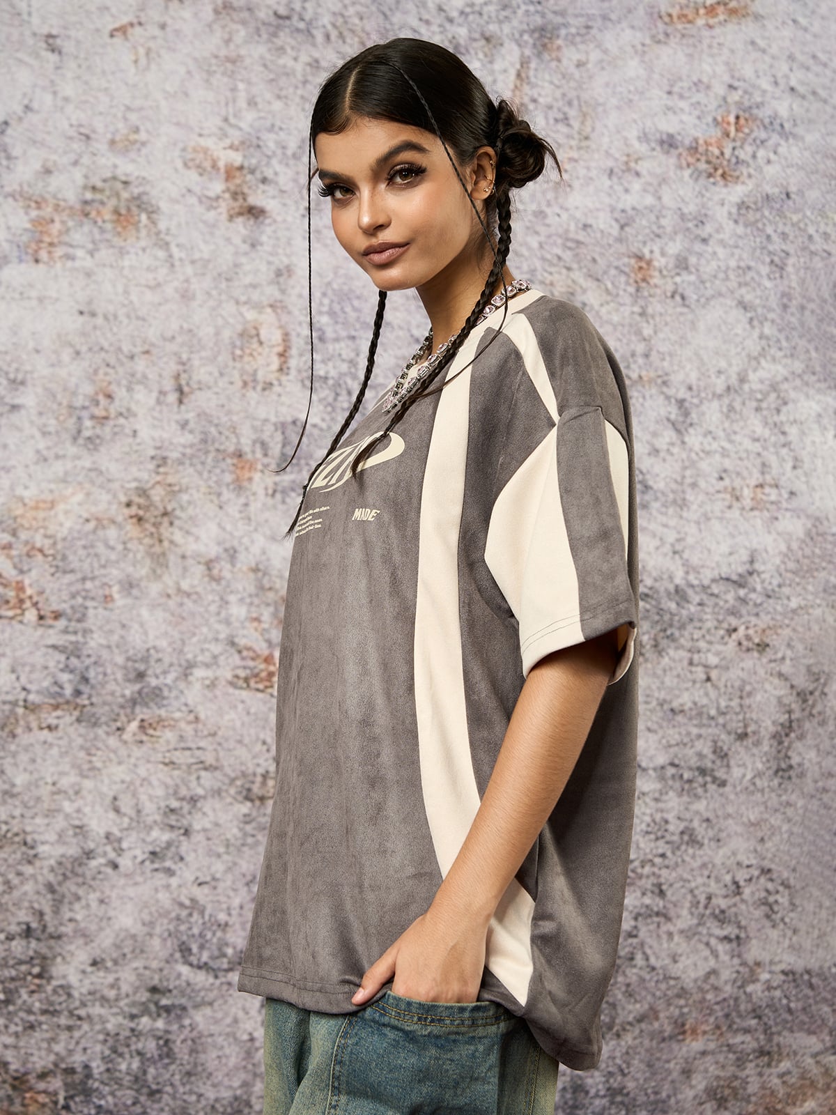 Jersey Deconstructed Contrast Color Stitching Print T-shirt - 2407