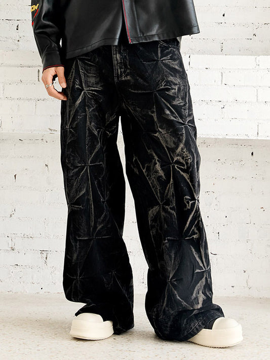 Calça Heavy Washed Distressed Pleated Baggy Jeans
