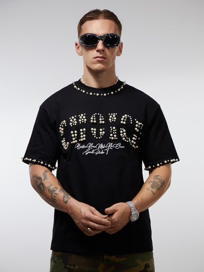 Camiseta Elegant Pearl-Embellished Oversized