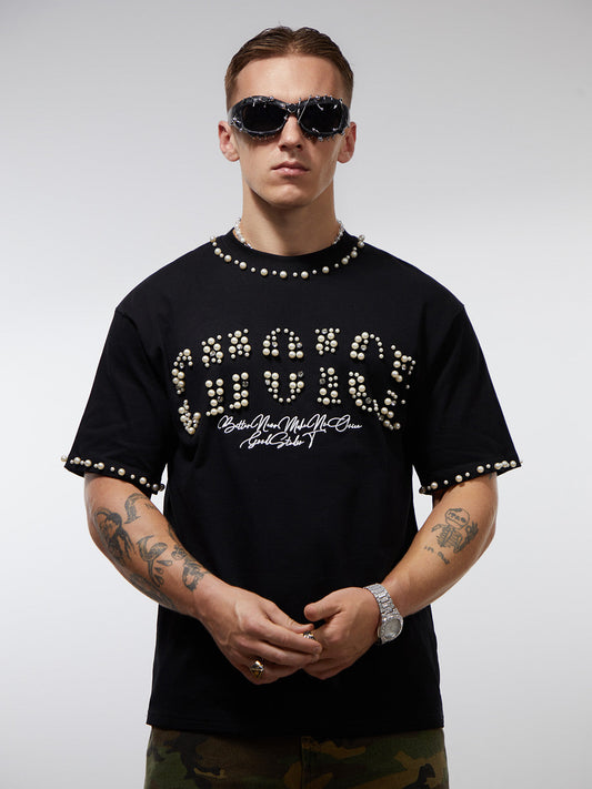 Camiseta Elegant Pearl-Embellished Oversized