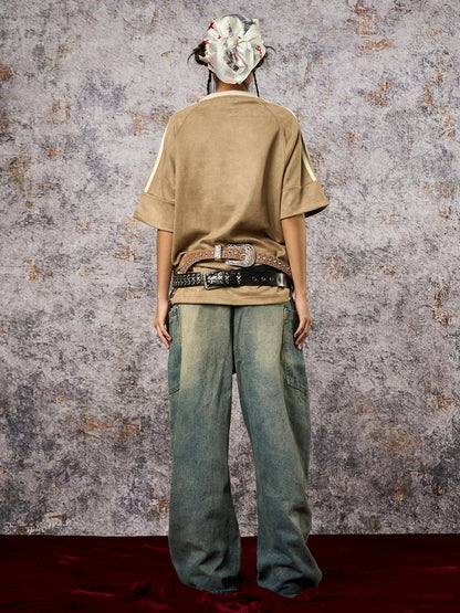 Camiseta Suede Contrast Spliced Oversize