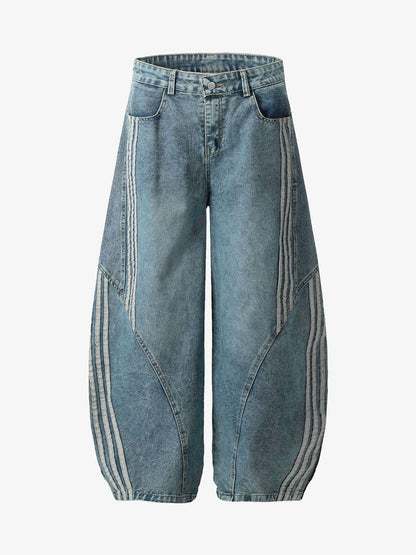Striped Stitching Barrel Jeans - 2423