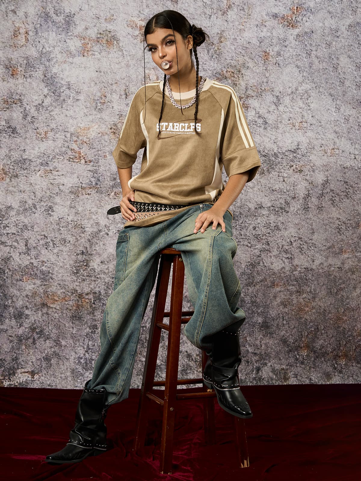 Camiseta Suede Contrast Spliced Oversize