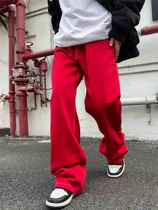 Calça Solid Color Casual Jeans Red